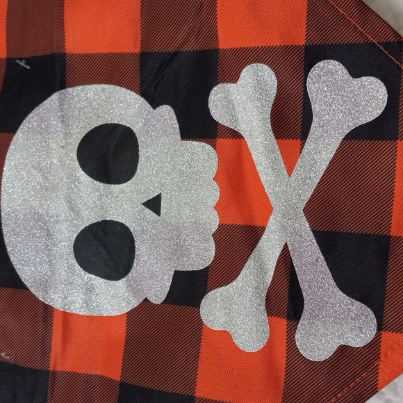 Gothic Glitter Skull Crossbones Buffalo Check Orange Black Small Pet Bandana - Picture 2 of 5